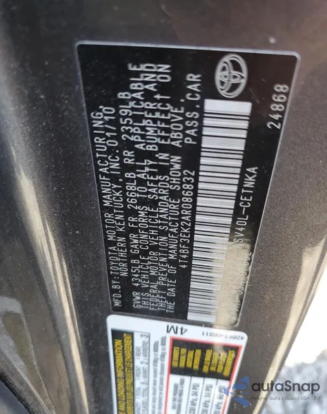 2010 Toyota Camry Base из США, поврежденный, VIN 4T4BF3EK2AR086832